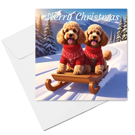 Apricot Cockapoos on Sled Christmas Card & Envelope