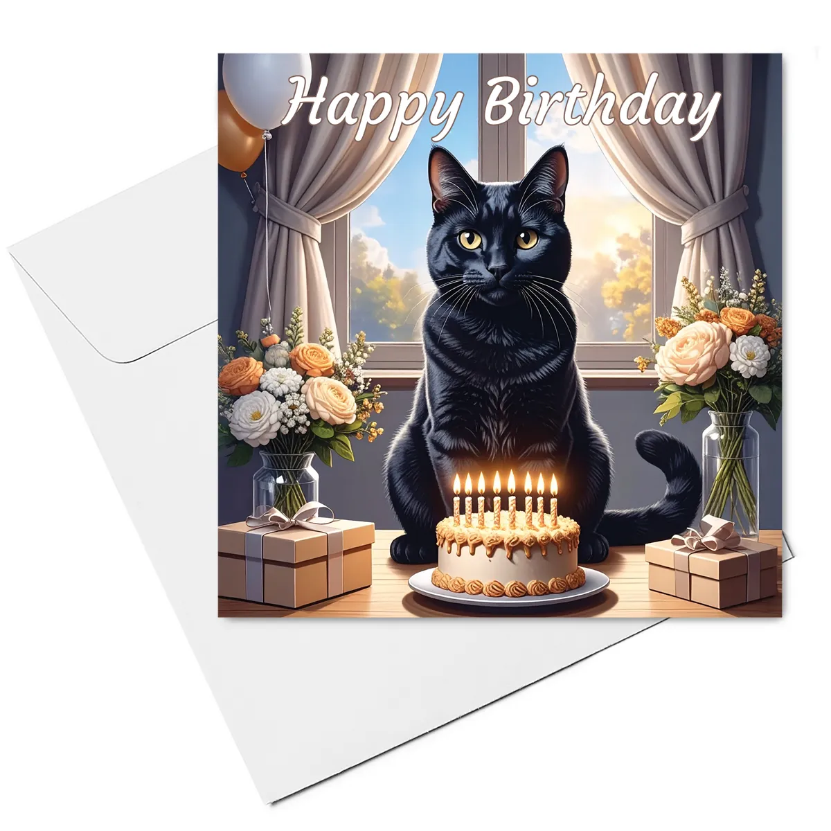 black cat birthday card & envelope