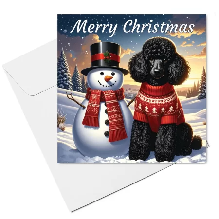 black poodle & snowman christmas card & envelope