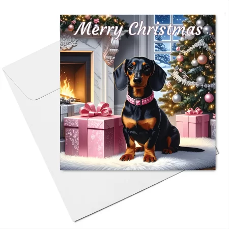 dachshund christmas card with envelope - black & tan dachshund with Christmas tree & gifts