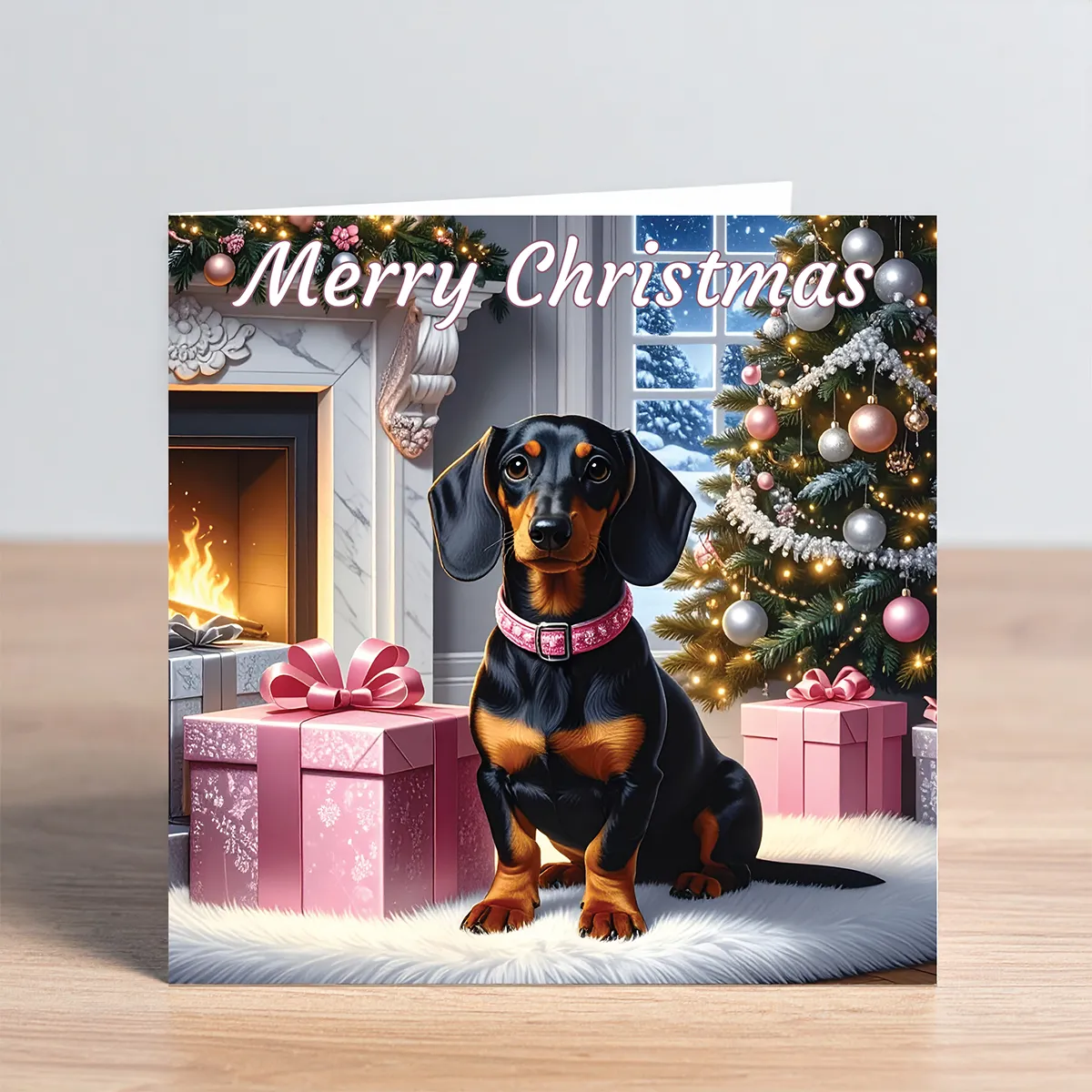 Dachshund Christmas Card - black & tan dachshund with Christmas tree & gifts