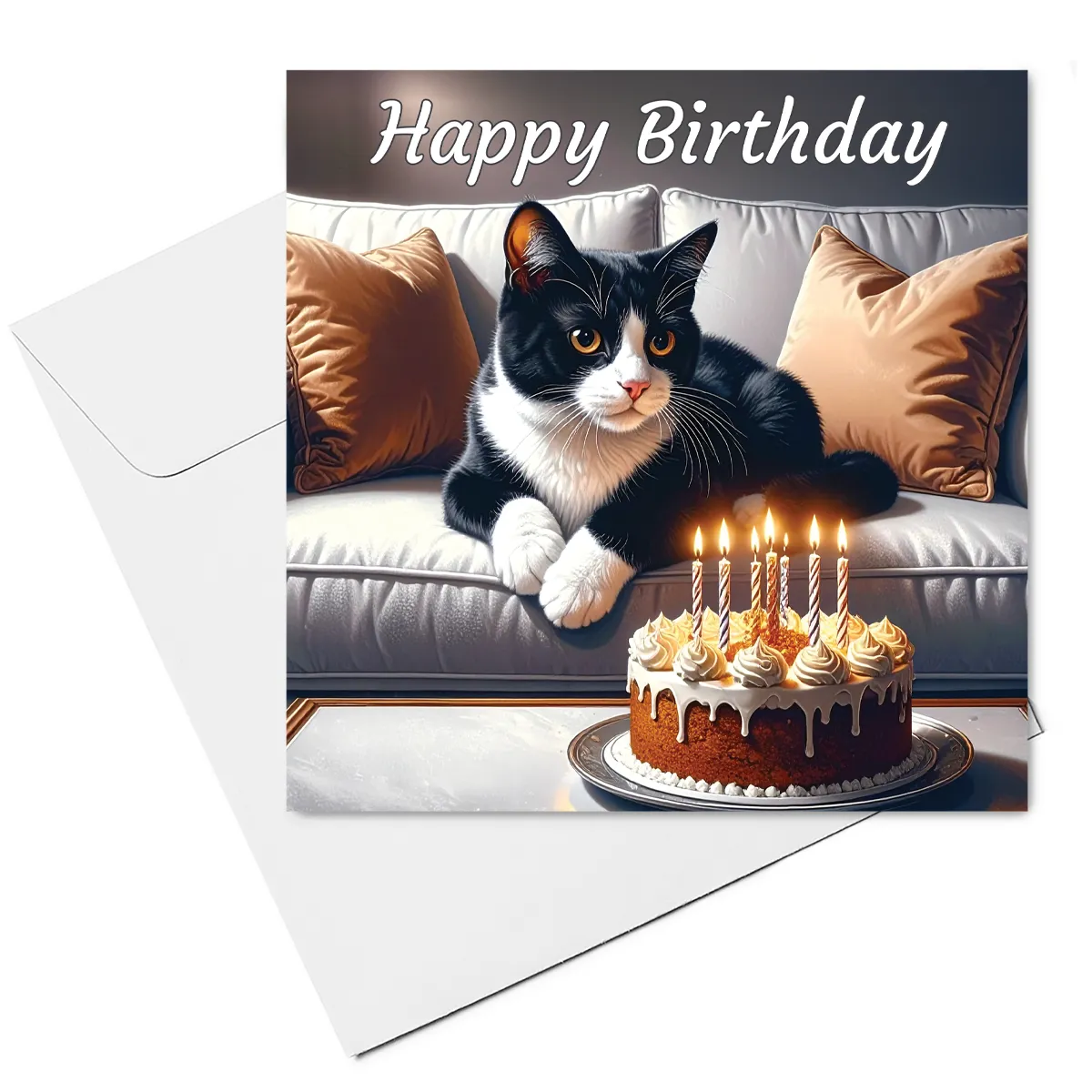 black & white cat birthday card & envelope