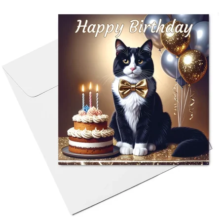 black & white cat birthday card & envelope