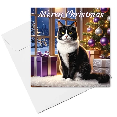 black & white cat christmas card & envelope