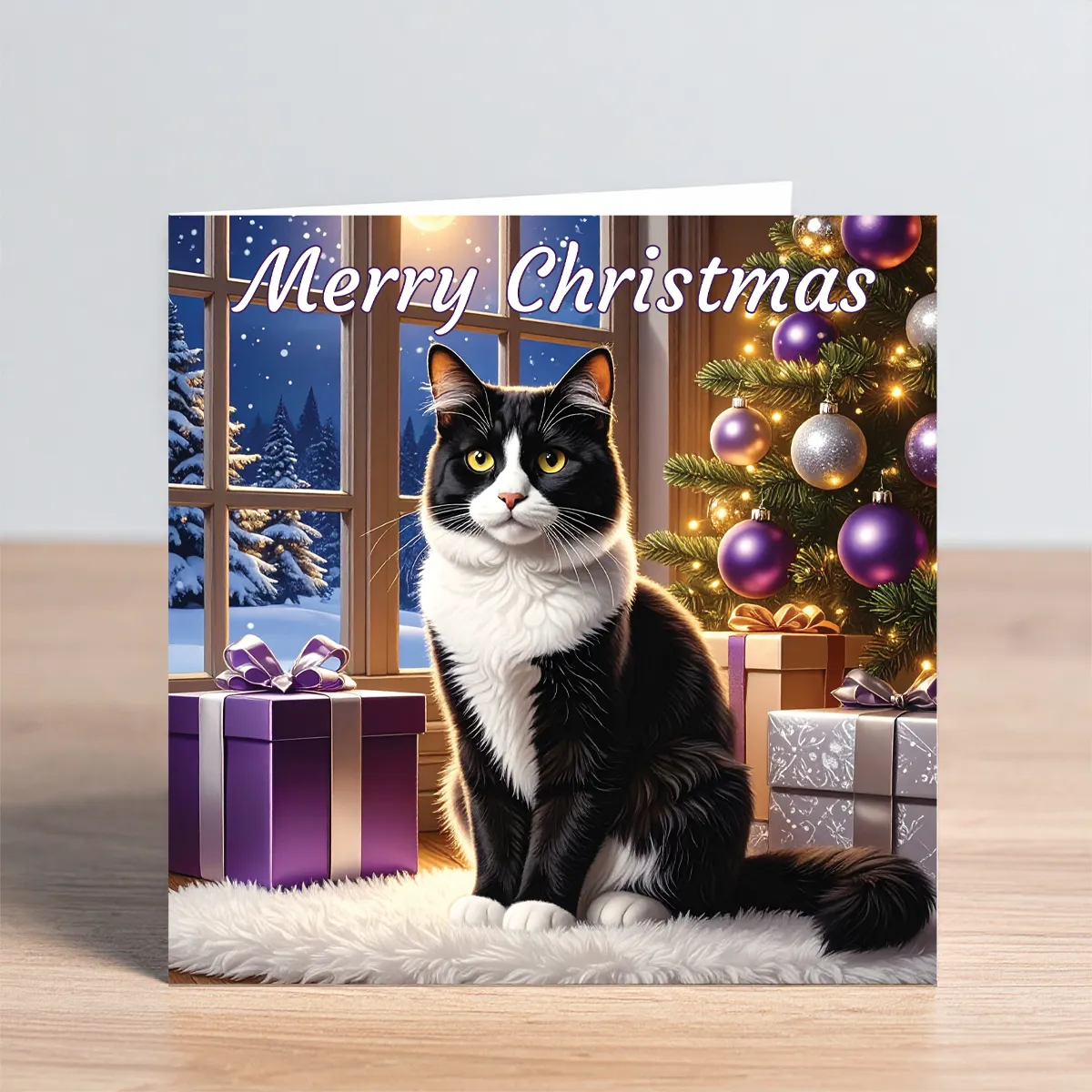 black & white cat christmas card