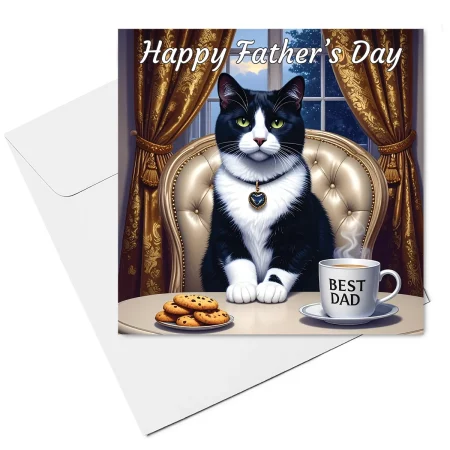 black & white cat fathers day card & envelope