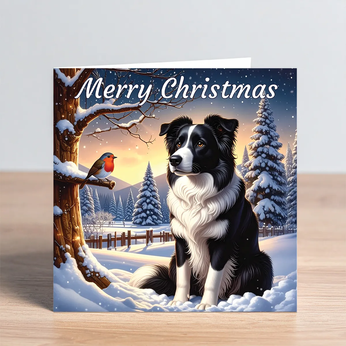 Border Collie Christmas Card - Black & White Border Collie With Robin - Image 2