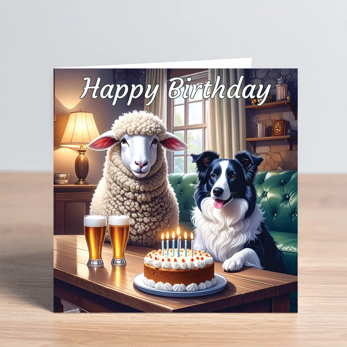 border collie & sheep birthday card