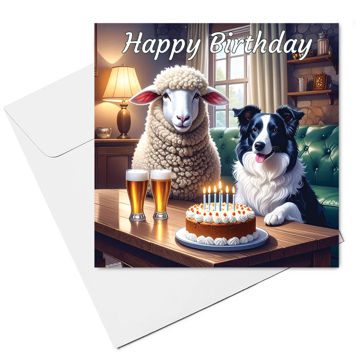 border collie & sheep birthday card & envelope
