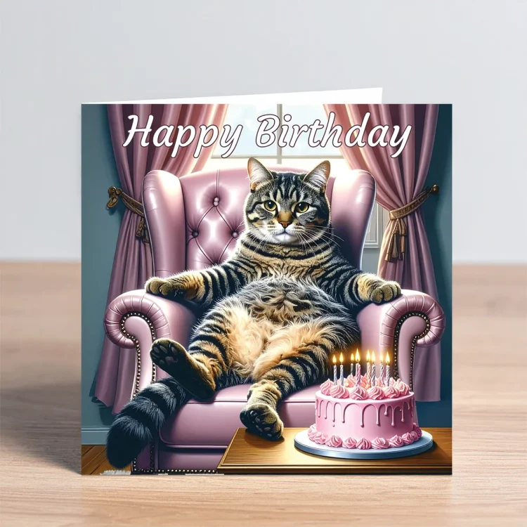 Cat Birthday Card - Tabby Cat With Birthday Cake