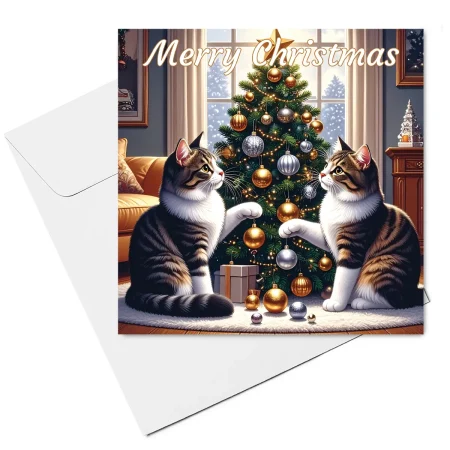 cat christmas card & envelope - cats decorating christmas tree