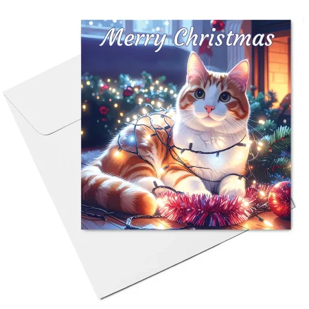 cat christmas card & envelope - ginger & white cat