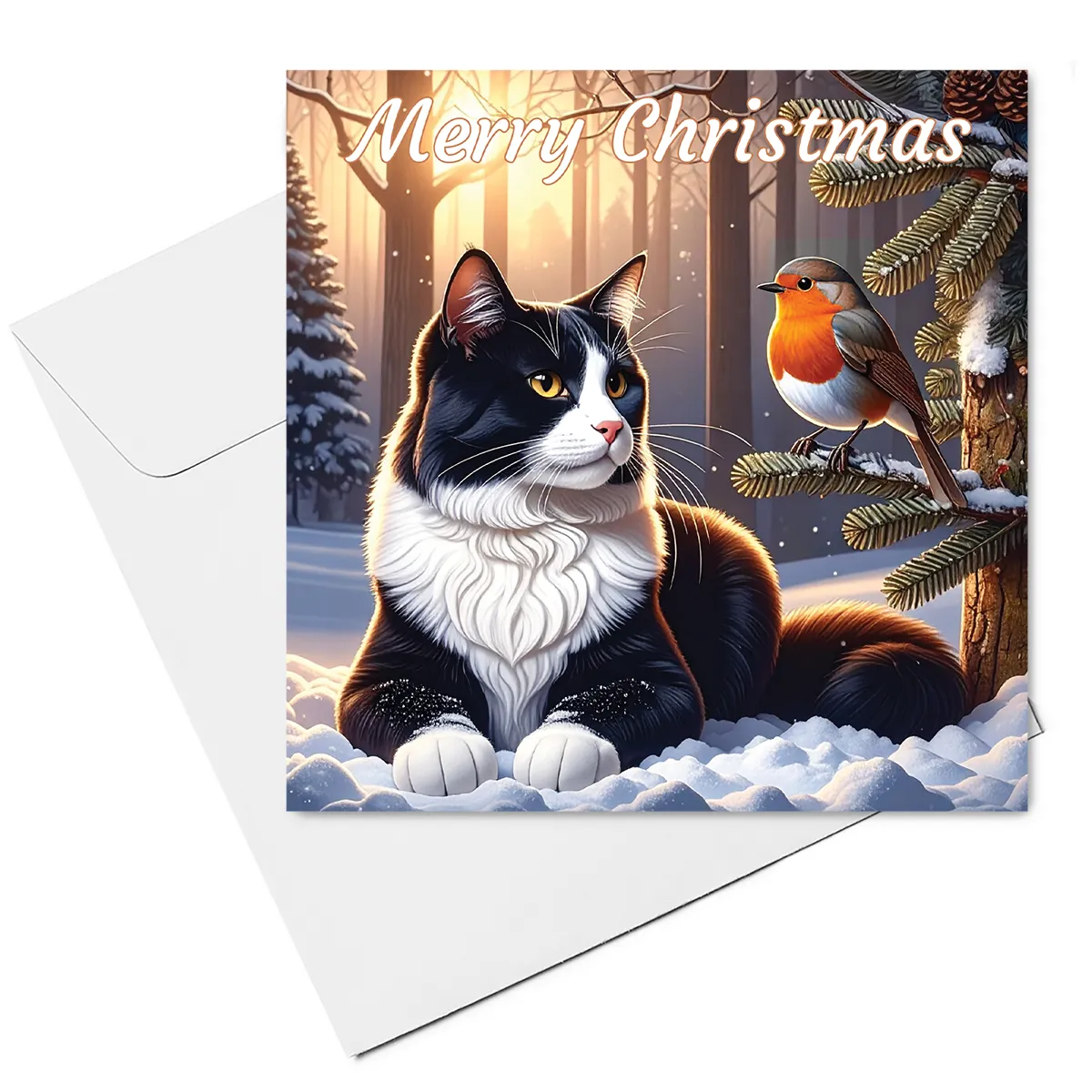 cat christmas card & envelope - black & white cat