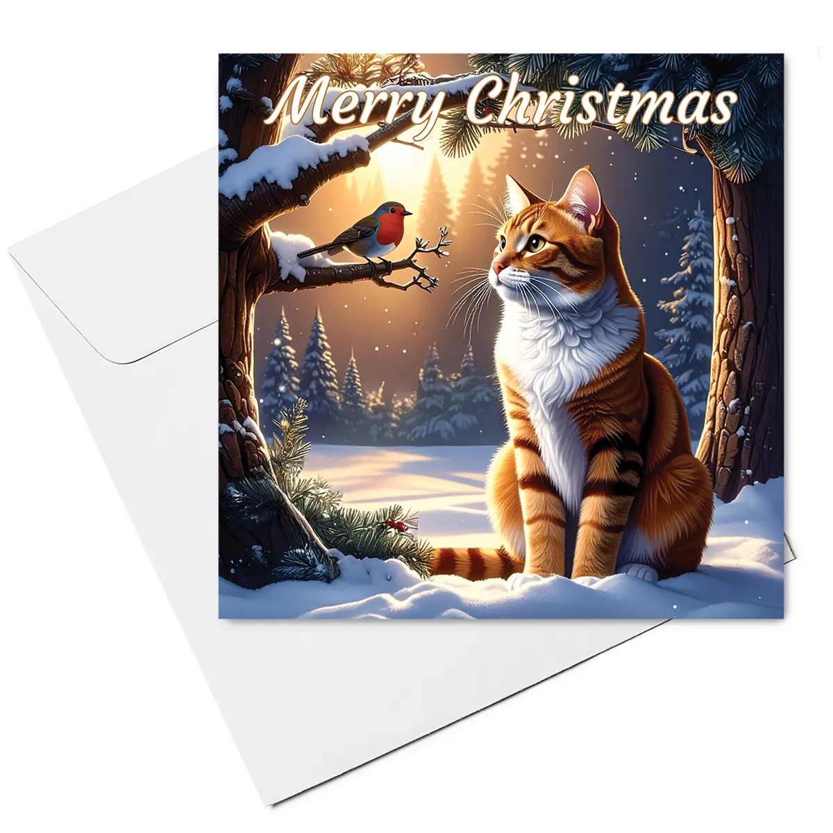 cat christmas card & envelope - ginger & white cat