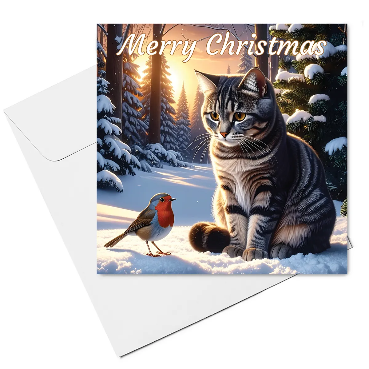 cat christmas card & envelope - grey tabby cat