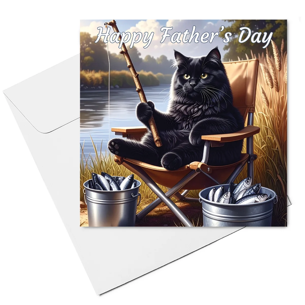 Cat Father's Day Card - Black Cat Fishing