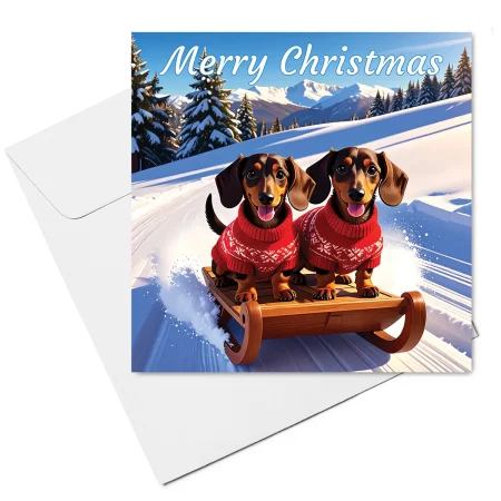Chocolate Dachshunds On Sled Christmas Card - chocolate & tan dachshunds on sled