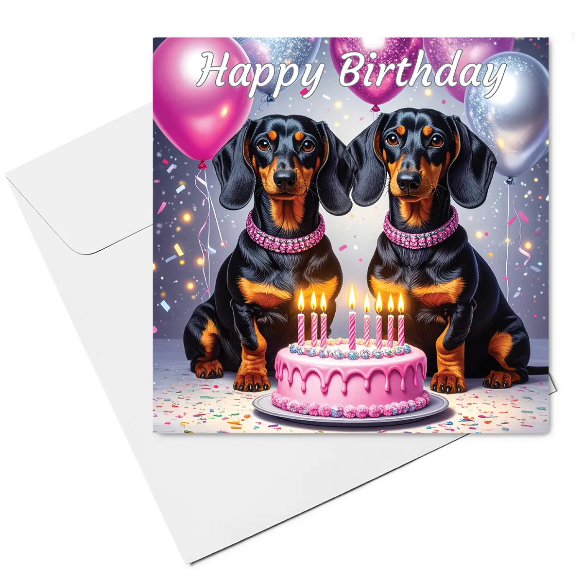 dachshund birthday card & envelope - black & tan dachshunds with birthday cake & balloons