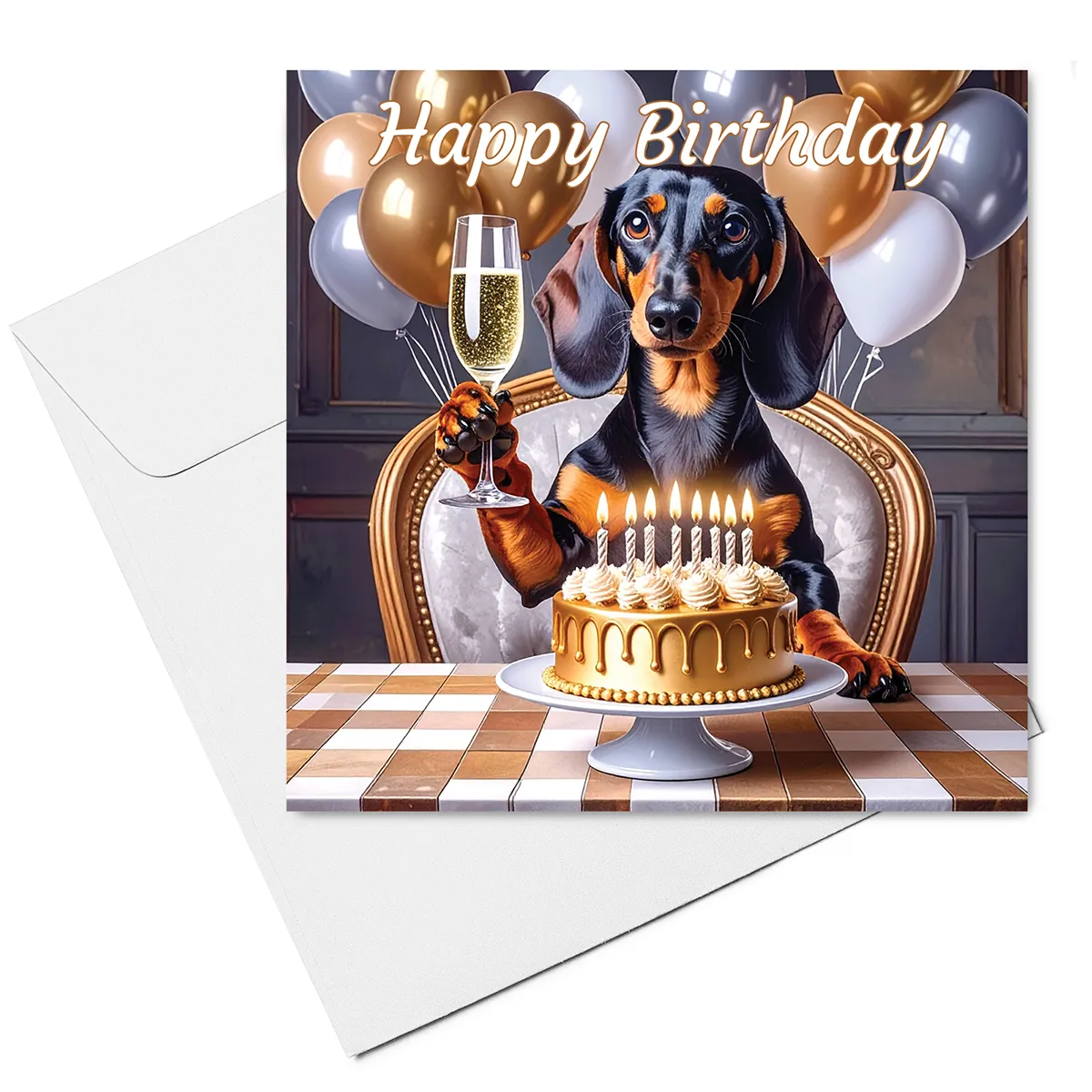 Dachshund Birthday Card & Envelope - Dachshund with Birthday Cake & Champagne
