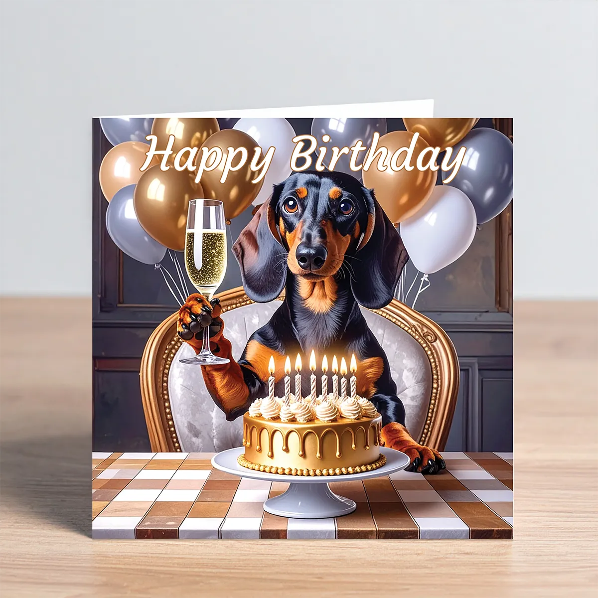Dachshund Birthday Card - Dachshund with Birthday Cake & Champagne