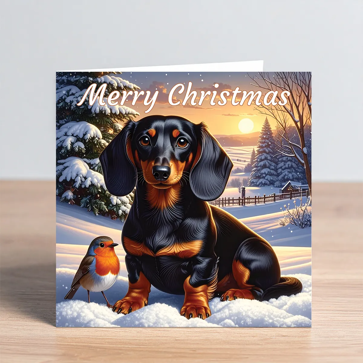 dachshund christmas card - black & tan dachshund with robin
