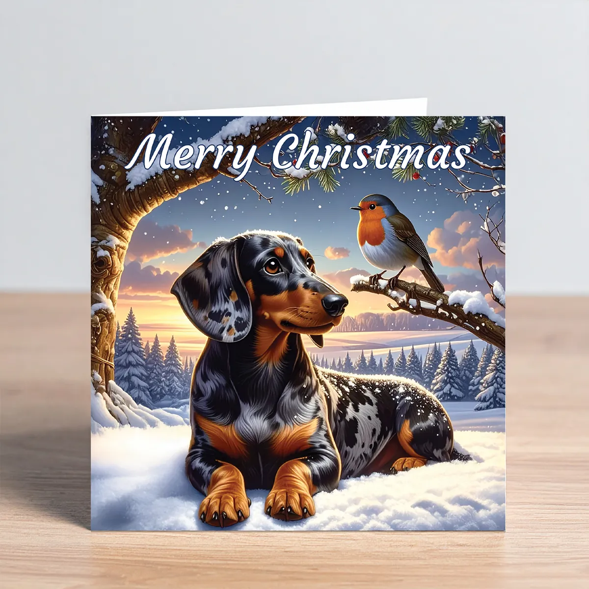 dachshund christmas card - dapple dachshund with robin
