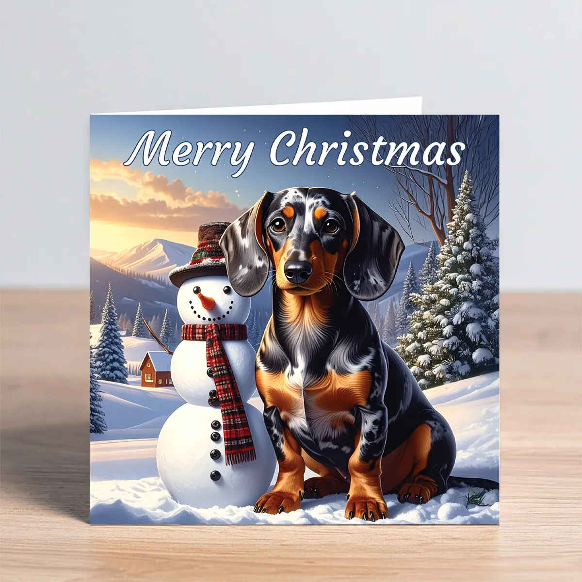 dachshund christmas card - dapple dachshund with snowman