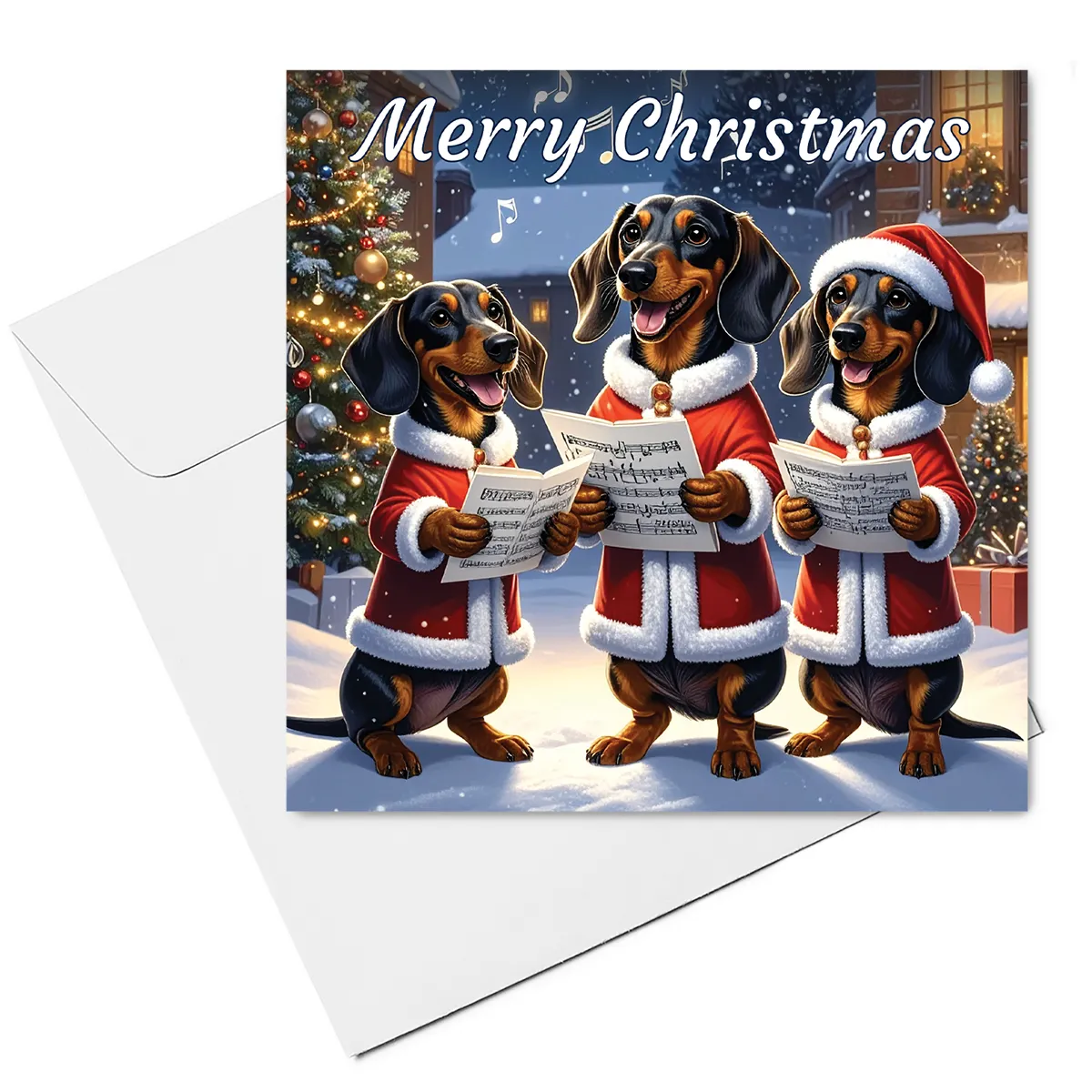 dachshund christmas card & envelope - dachshund carol singers