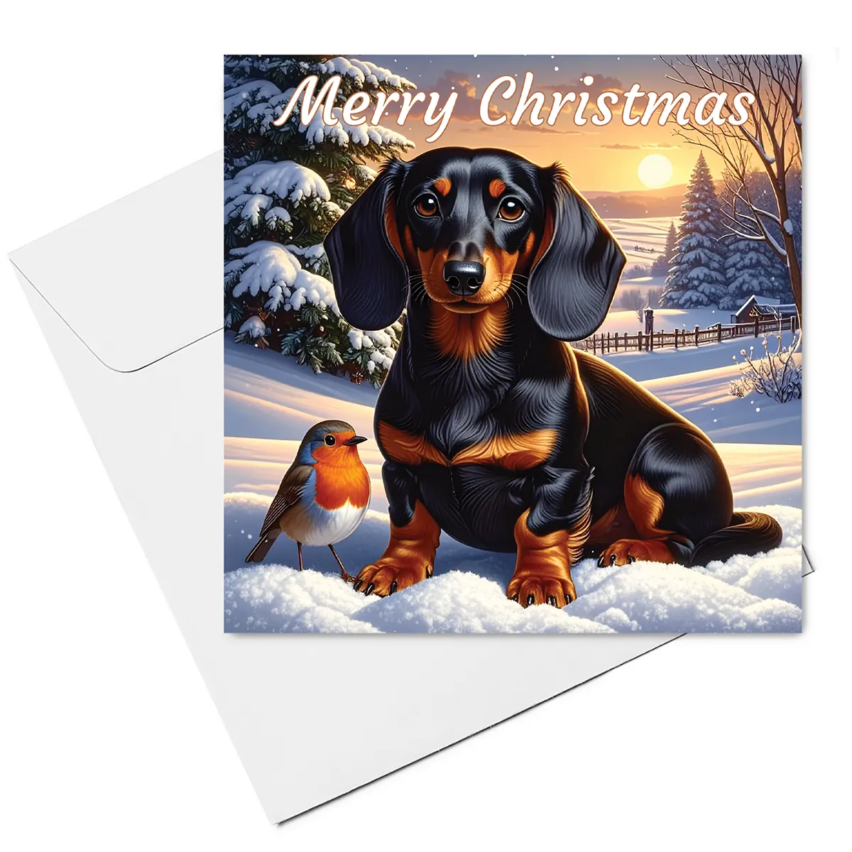 dachshund christmas card & envelope - black & tan dachshund with robin