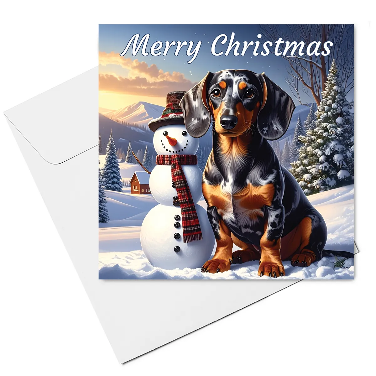 dachshund christmas card & envelope - dapple dachshund with snowman