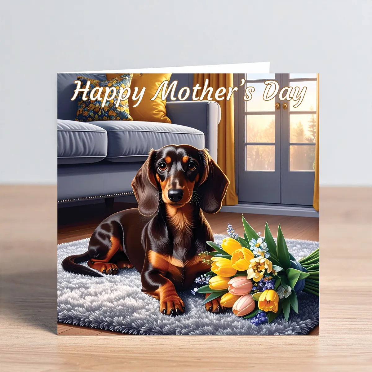 dachshund mothers day card - chocholate & tan dachshund with flower bouquet