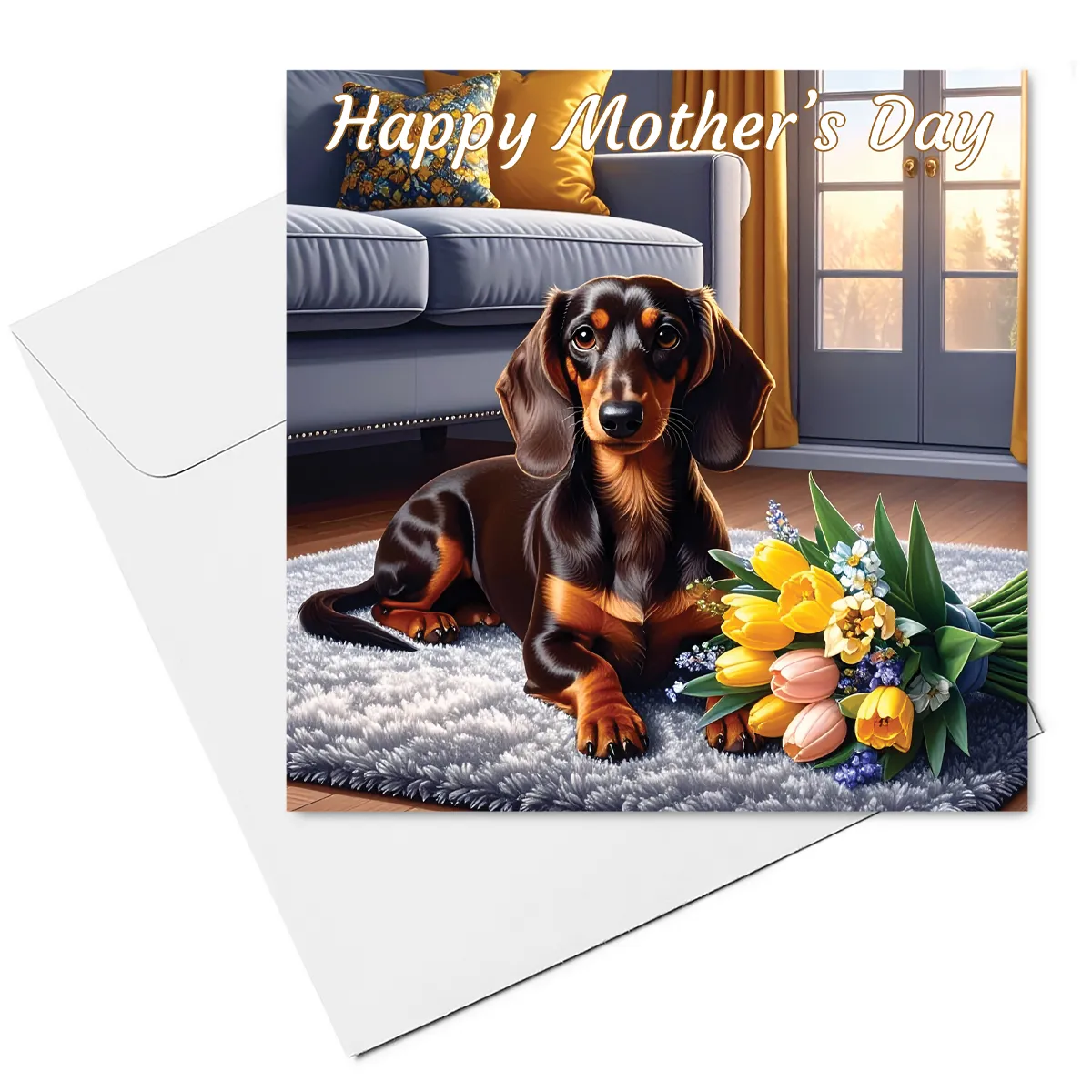 dachshund mothers day card & envelope - chocholate & tan dachshund with flower bouquet