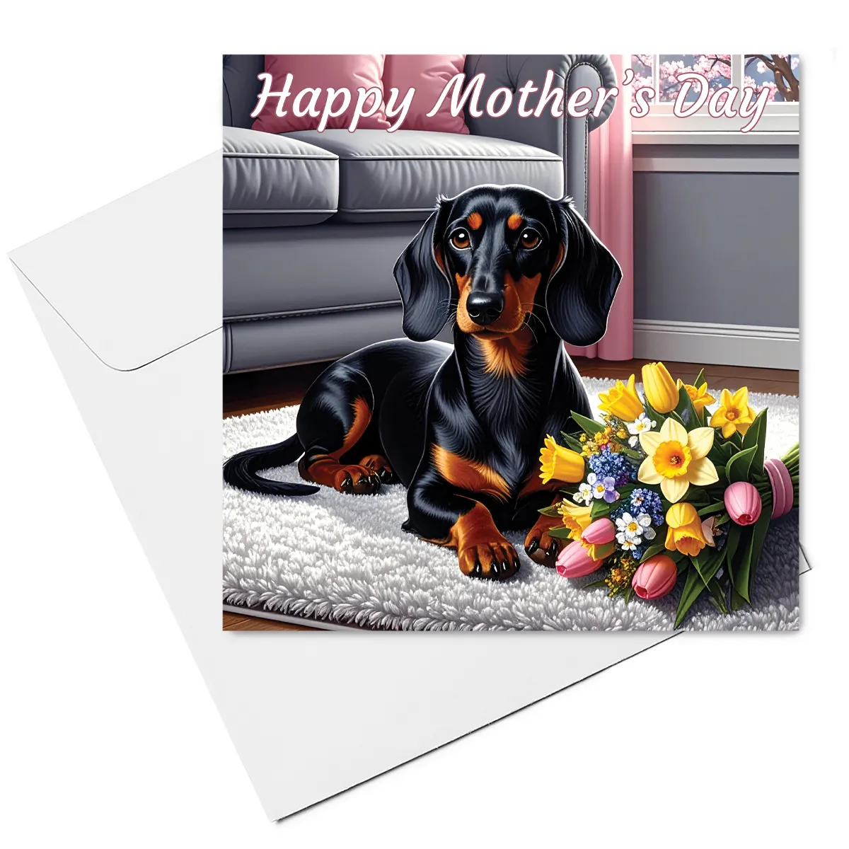 dachshund mothers day card & envelope - black & tan dachshund with flower bouquet