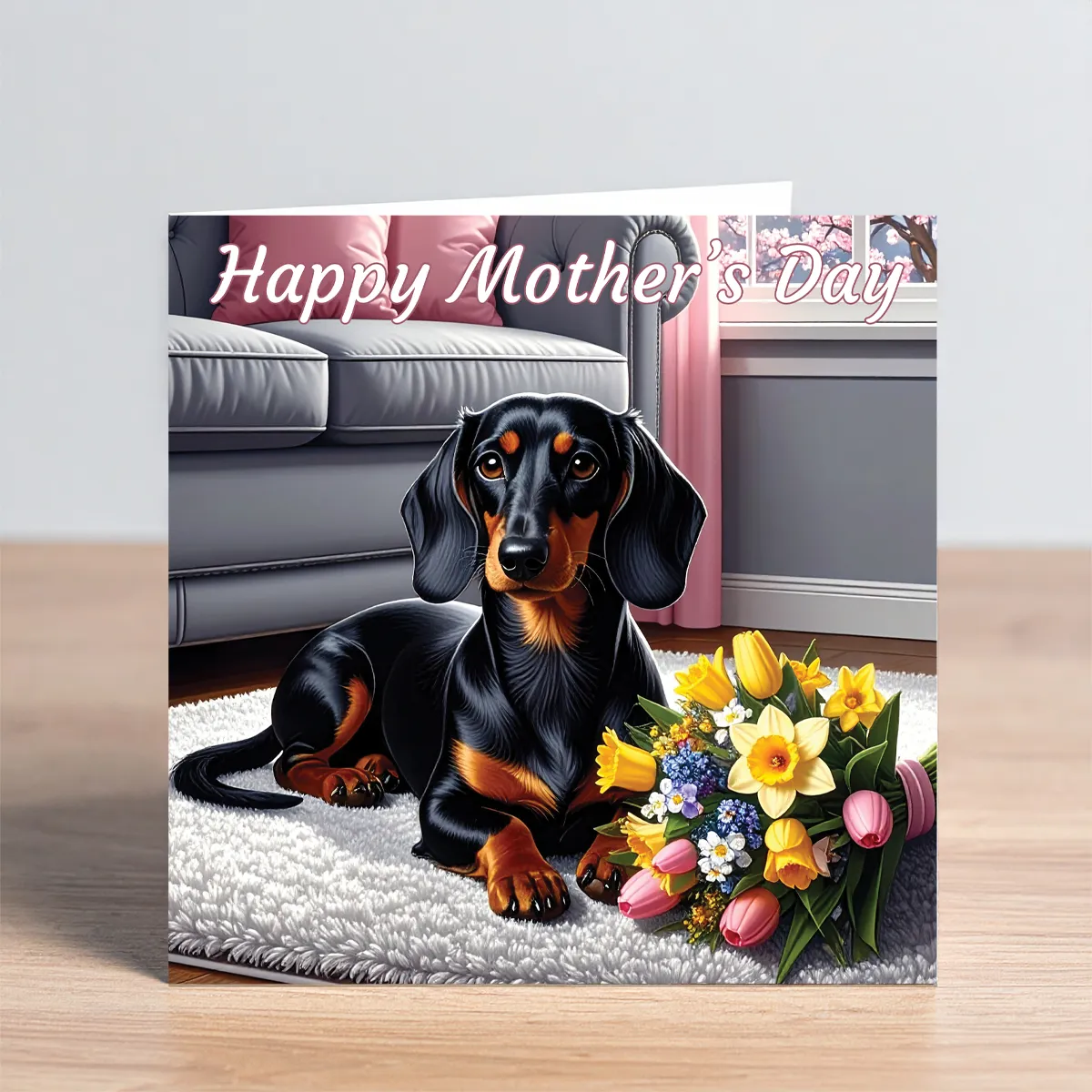 dachshund mothers day card - black & tan dachshund with flower bouquet