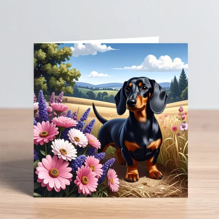 dachshund note card - dachshund in countryside with flowers