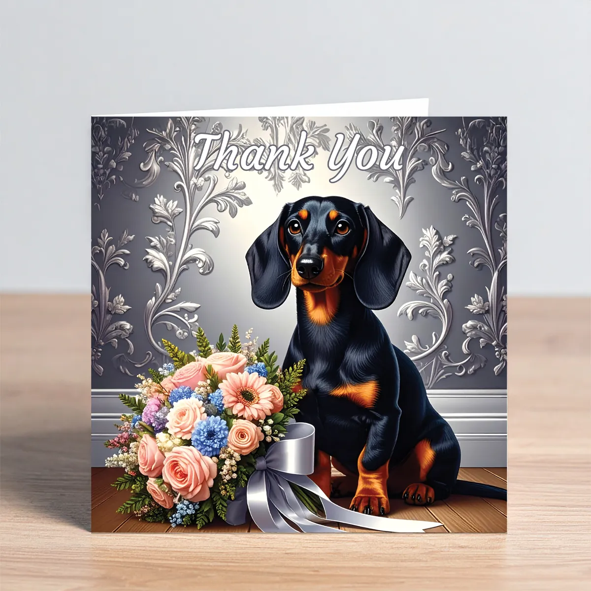 dachshund thank you card - black & tan dachshund with flower bouquet