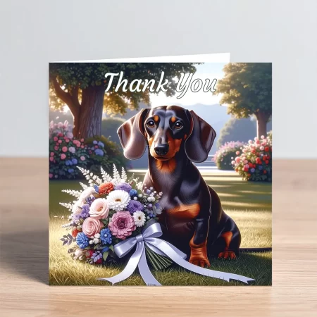 dachshund thank you card - dachshund with flower bouquet