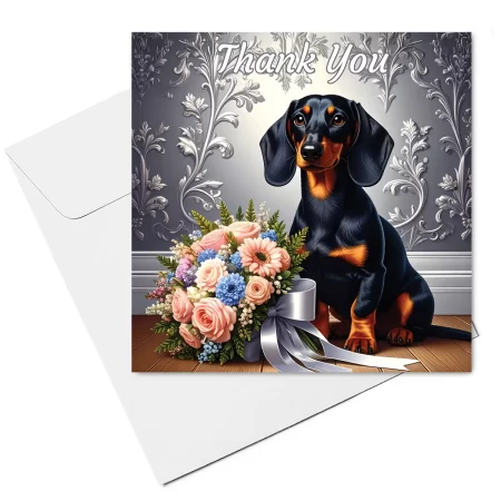 dachshund thank you card & envelope - black & tan dachshund with flower bouquet