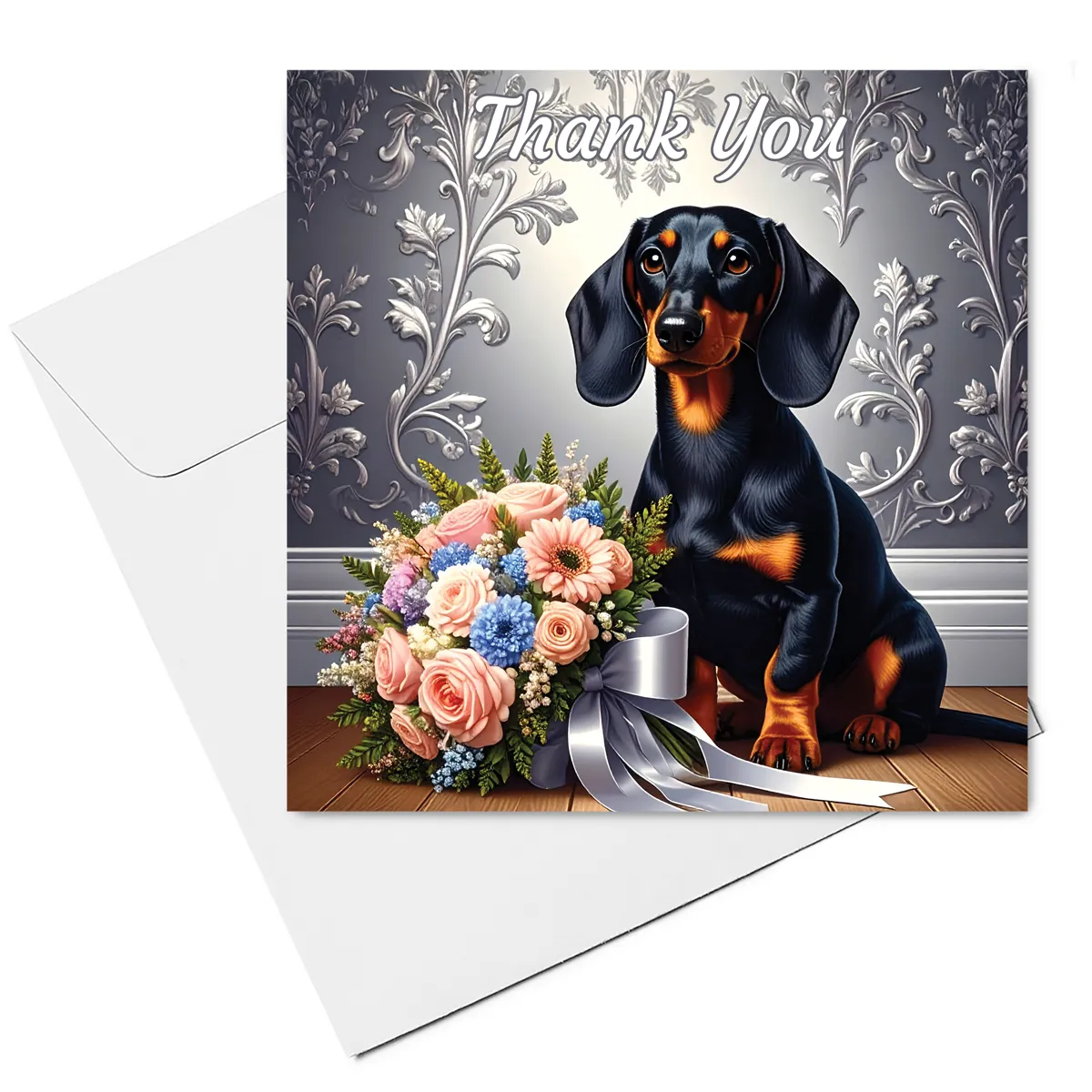 dachshund thank you card & envelope - black & tan dachshund with flower bouquet