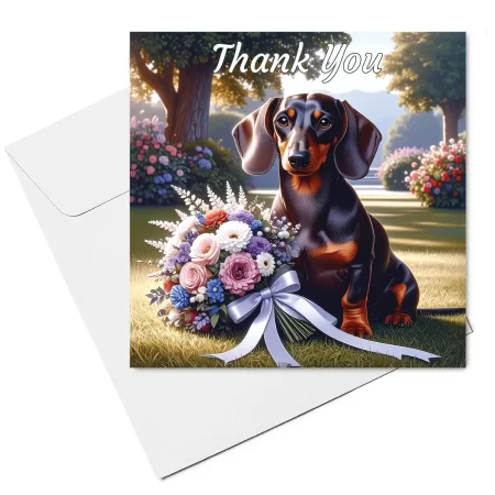 dachshund thank you card & envelope - dachshund with flower bouquet