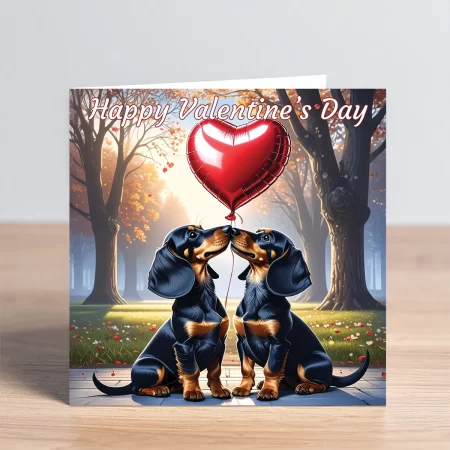 dachshund valentines card - black & tan dachshunds with heart balloon