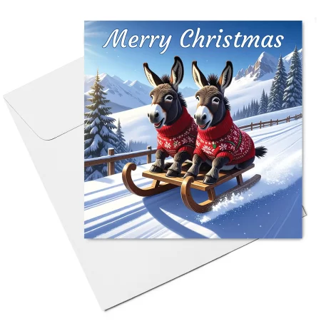 Donkeys On Sled Christmas Card & Envelope