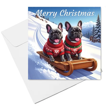 French bulldog christmas card - sled