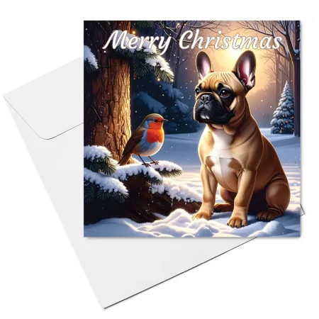 french bulldog & robin christmas card & envelope