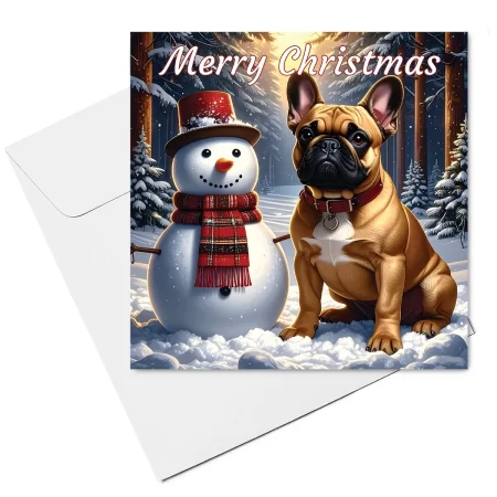 french bulldog & snowman christmas card & envelope