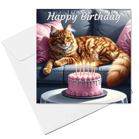 long hair ginger cat birthday card & envelope