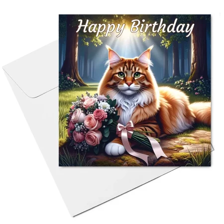 long hair ginger cat birthday card & envelope