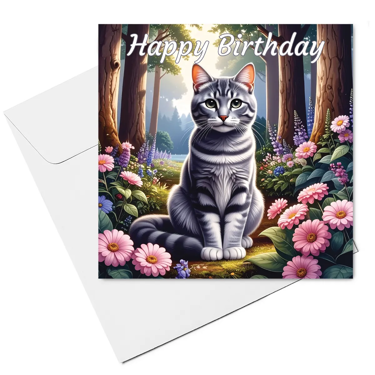 grey cat birthday card & envelope