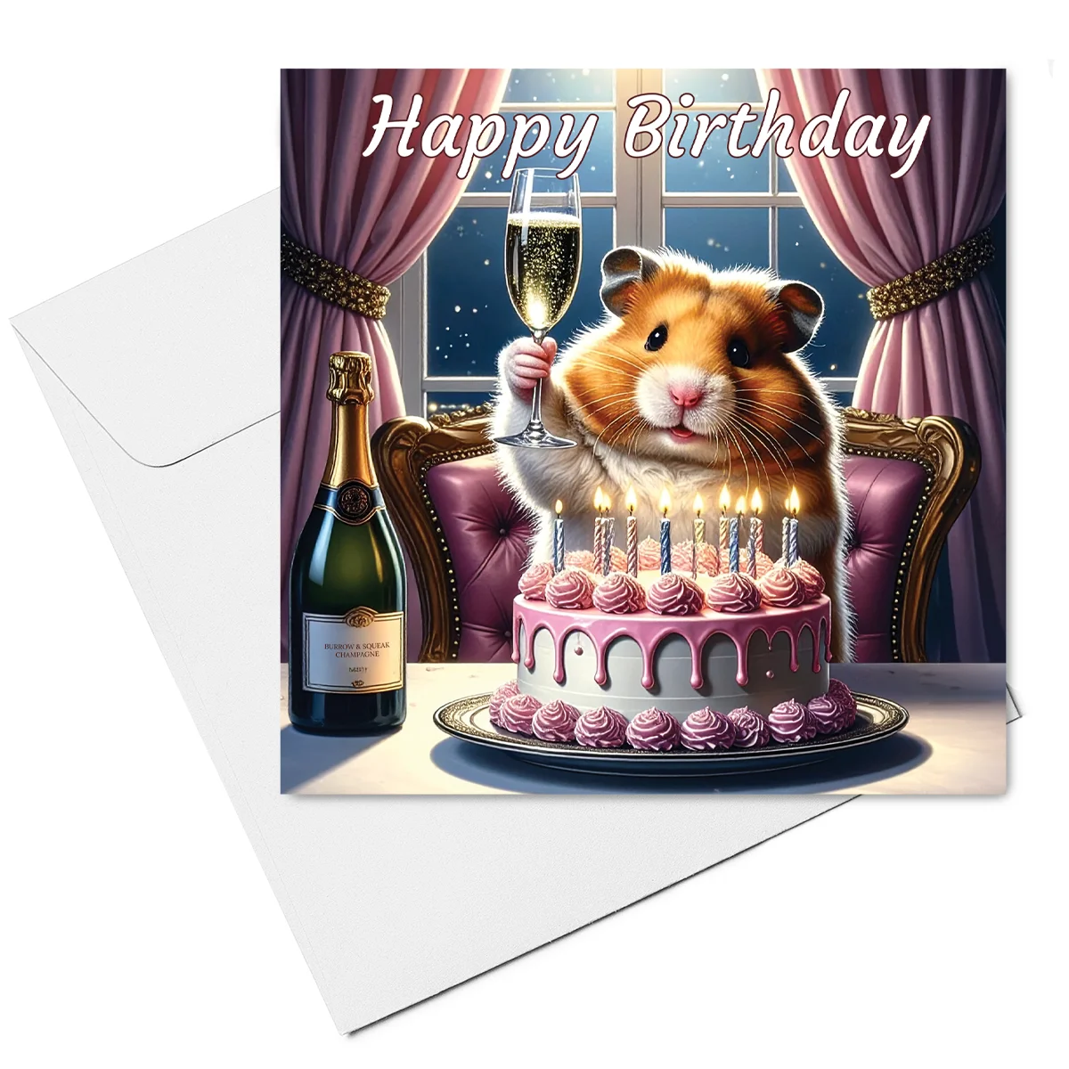 Syrian Hamster Birthday Card - Hamster With Birthday Cake & Champagne