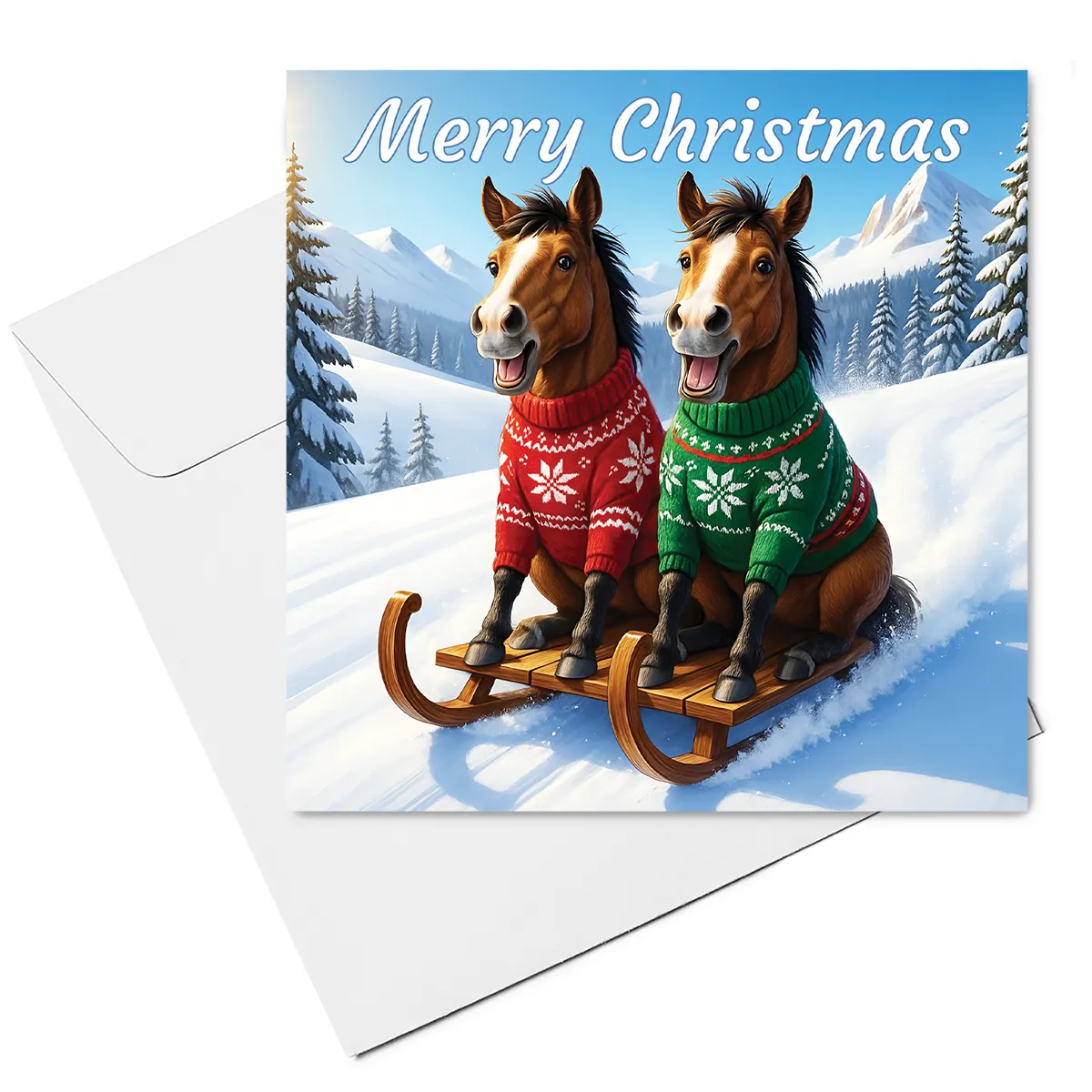 horses on sled christmas card and envelope